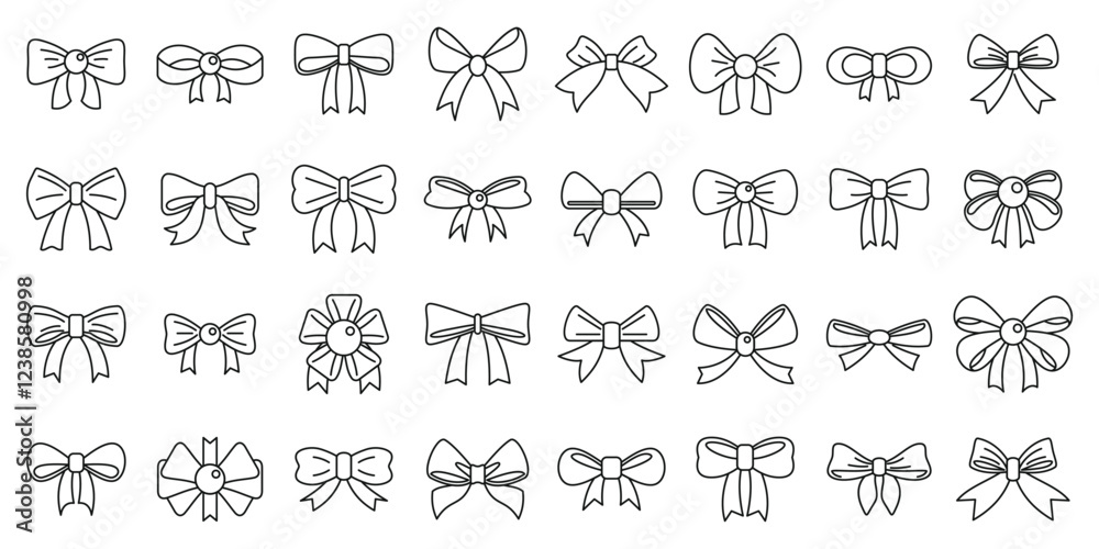 Fototapeta premium Bowknots icons set. Set of outline ribbon bows, perfect for gift wrapping, greeting cards, invitations, and other festive decorations