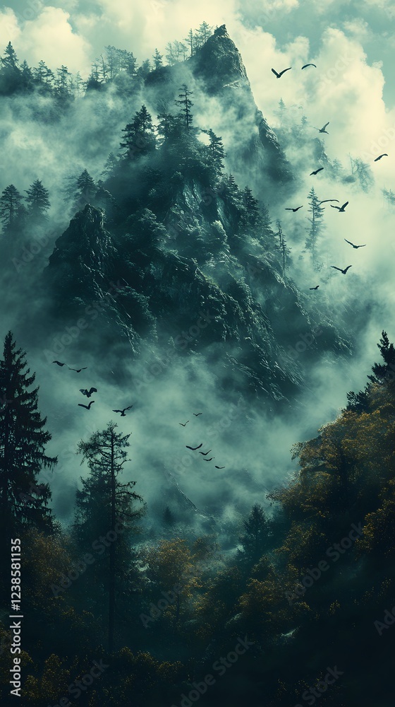 Obraz premium Misty mountain peak shrouded in fog, birds in flight.