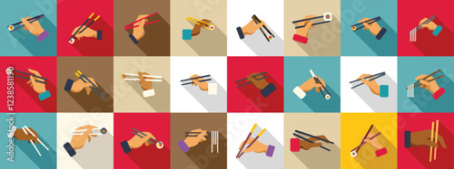 Hands holding chopsticks icons set. Different ways of using chopsticks while eating sushi, noodles or other asian food