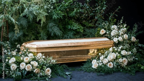 Elegant casket with white roses in natural setting. Appropriate for funeral services, memorial arrangements, and respectful farewell themes.