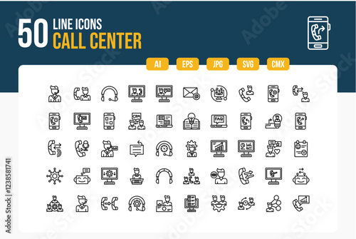  Set of 50 Call Center Icons. Line Icon Collection