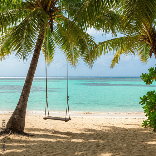Beautiful tropical beach scene, there is a wooden swing hanging from the sturdy trunk of a leaning palm tree.Lush green foliage frames the right side of the image, enhancing the tropical vibe.