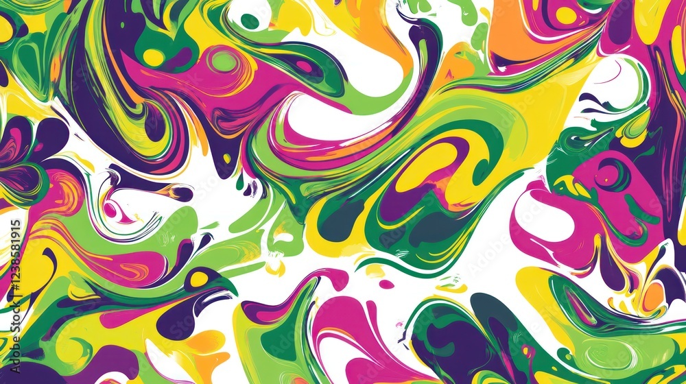 abstract pattern with organic, swirling shapes in vivid greens, yellows, and purples, set against a white backdrop.