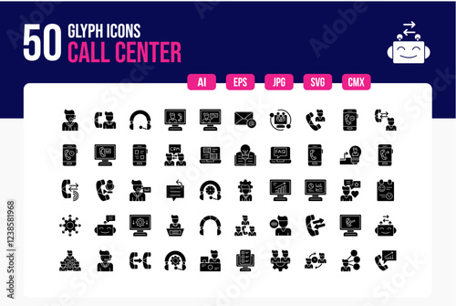  Set of 50 Call Center Icons. Glyph Icon Collection