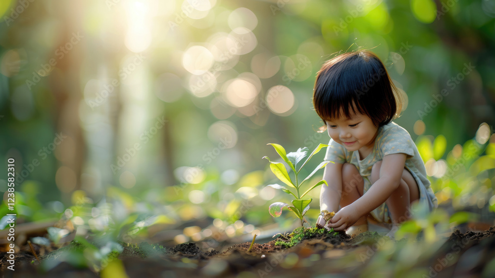 Smiling Child Planting Saplings in Garden Smiling Child Planting Saplings in Garden