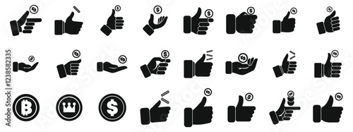 Hand flips coin icons set. Business people making hand gestures interacting with money, including holding, pointing, giving, and gesturing with bitcoin and dollar coins