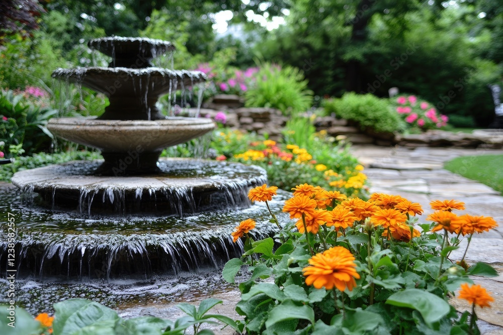 Water cascading from a three tiered fountain in a lush garden setting Water cascading from a three tiered fountain in a lush garden setting