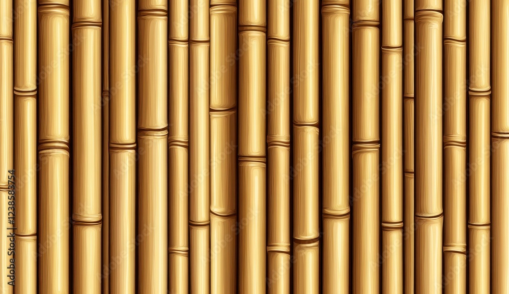 Fototapeta premium Close up view of numerous golden brown bamboo stalks arranged vertically, creating a textured background. The image shows detail in the bamboo's