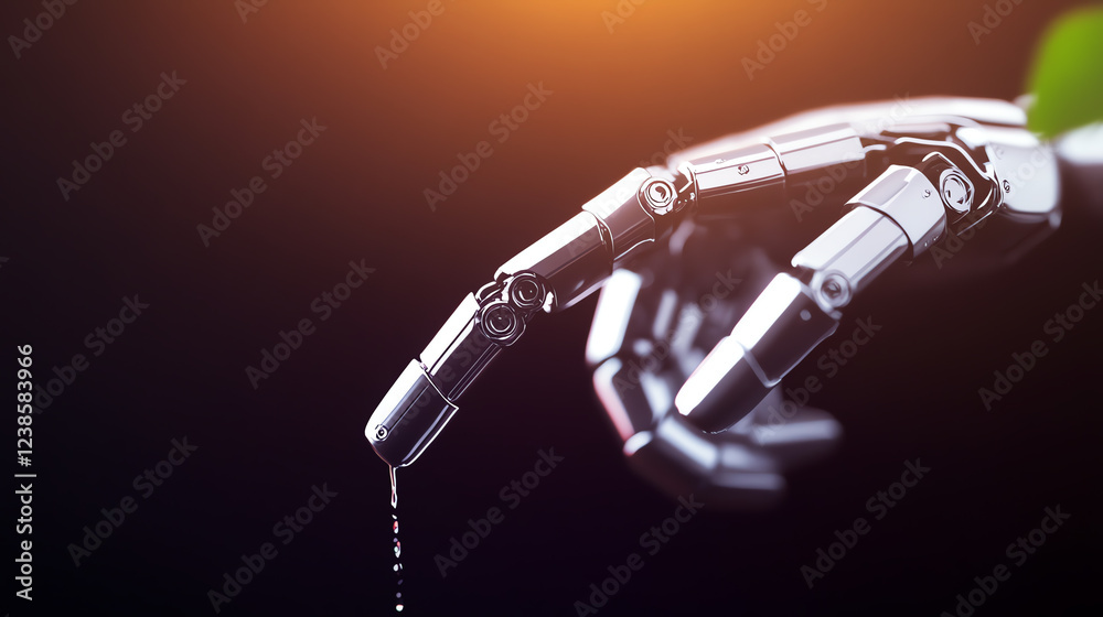 A robotic figure draining water from an aquifer while holding an artificial rainmaker A robotic figure draining water from an aquifer while holding an artificial rainmaker