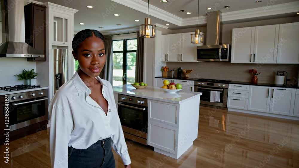 Woman exploring modern kitchen space in bright and spacious layout Woman exploring modern kitchen space in bright and spacious layout