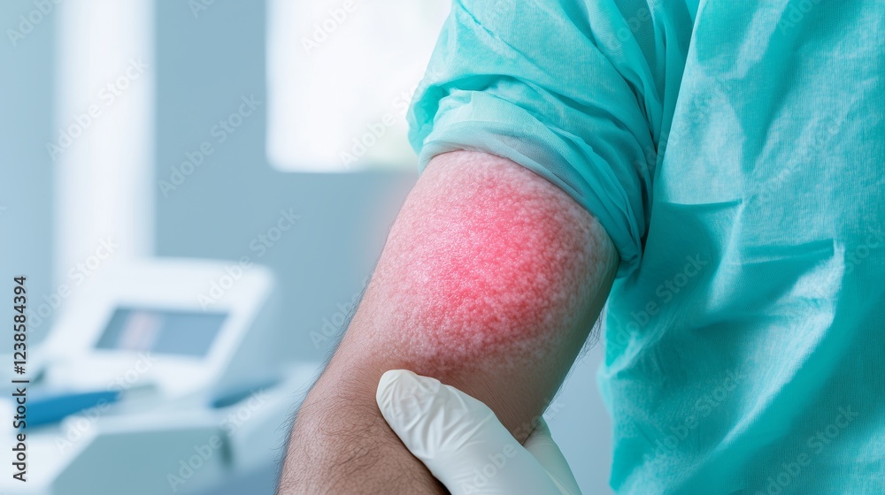 Fototapeta premium Doctor examining skin rash on caucasian adult male's arm in medical setting
