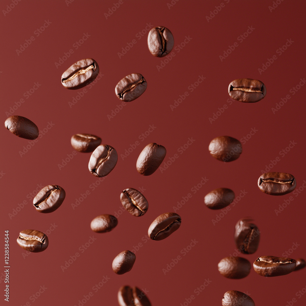 A burst of coffee beans suspended in motion against a brown background A burst of coffee beans suspended in motion against a brown background