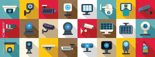 Video surveillance system icons set. Various security cameras and surveillance equipment ensure safety and monitoring