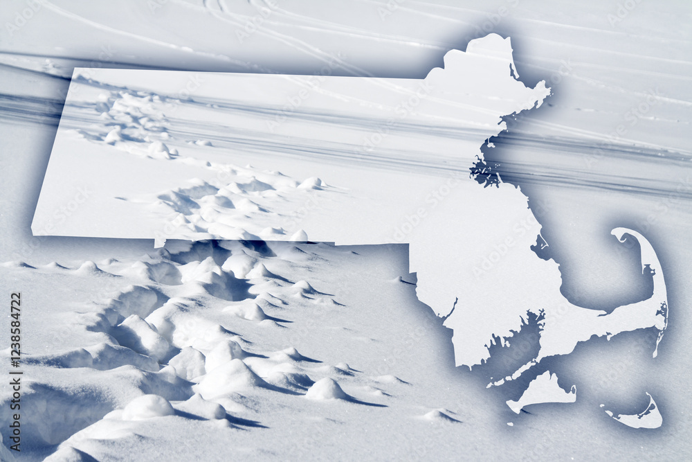 Snowy path and traces in nice sunny winter weather with map of Massachusetts state, USA