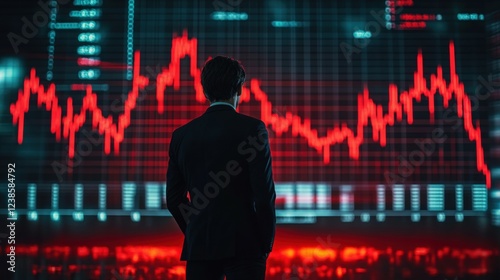 A stock market graph showing a downward trend, with the silhouette of a man in a suit looking at it.