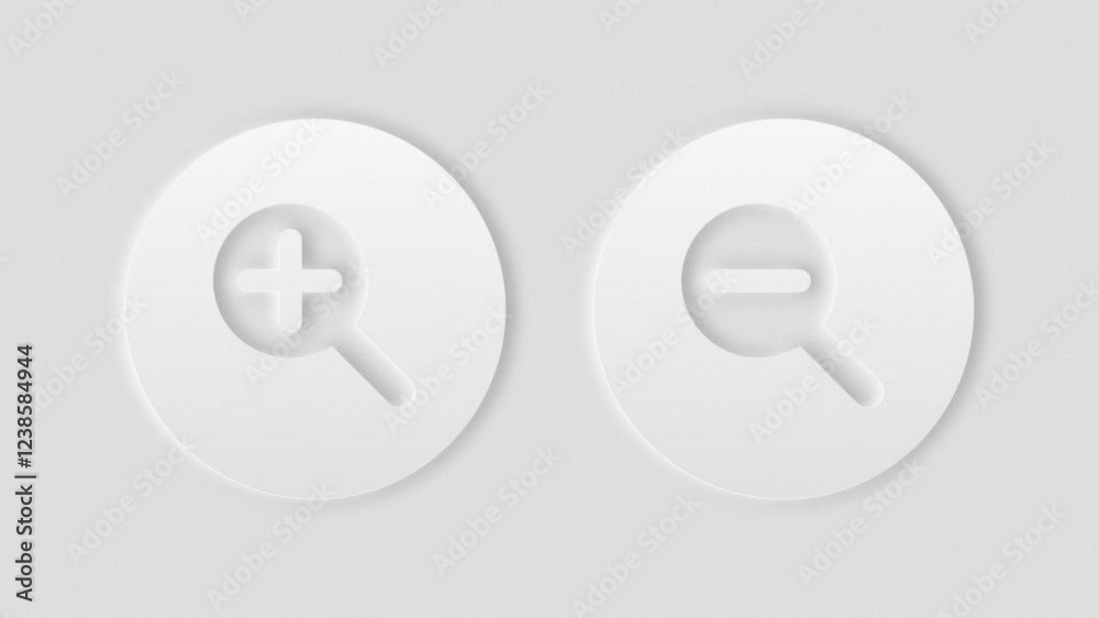 Light and dark neumorphism clean zoom in out icon. 4k animation, blur and shadows graphics, simple animations.