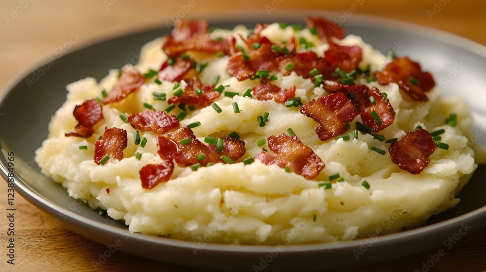 Creamy Mashed Potato Dish with Crispy Bacon and Chive Garnish, a Comforting and Satisfying Side Plate Creamy Mashed Potato Dish with Crispy Bacon and Chive Garnish, a Comforting and Satisfying Side Plate