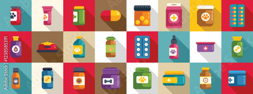 Vitamins pets icons set. Colorful assortment of veterinary medicine, pills, bottles, and pet food, representing pet care and healthcare