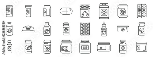 Vitamins pets icons set. Maintaining canine health with a variety of supplements, medications, and nutritious food options