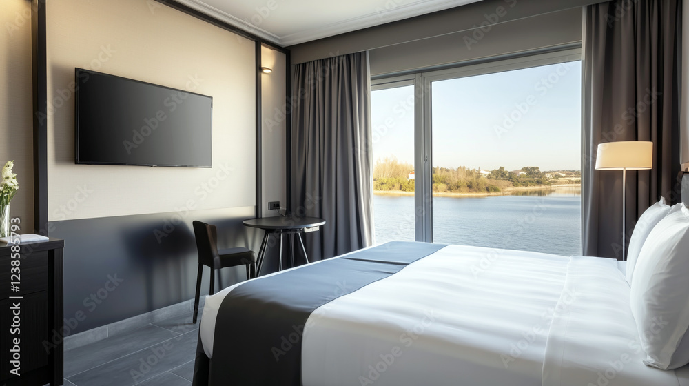 Fototapeta premium Modern hotel room with scenic lake view through large window