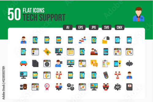  Set of 50 Tech Support Icons. Flat Icon Collection