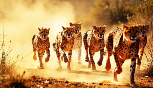 a group of cheetahs running across the dusty ground