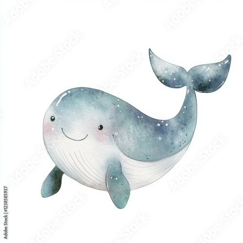 simple cute watercolor painted whale, children book illustration style, white Background