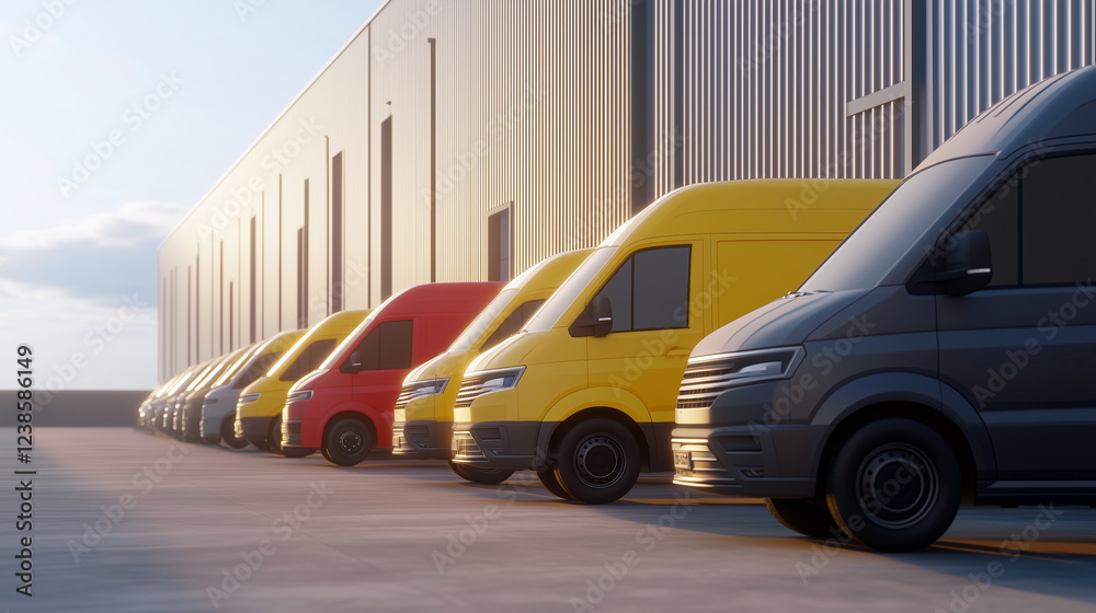Fototapeta premium Row of colorful delivery vans parked outdoors by warehouse at sunset
