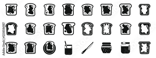 Jam toast icons set. Black and white vector icons set of toast with jam, marmalade, honey, or butter, jar, and knife
