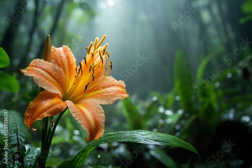 Orange lily blooming in lush rainforest with dew drops