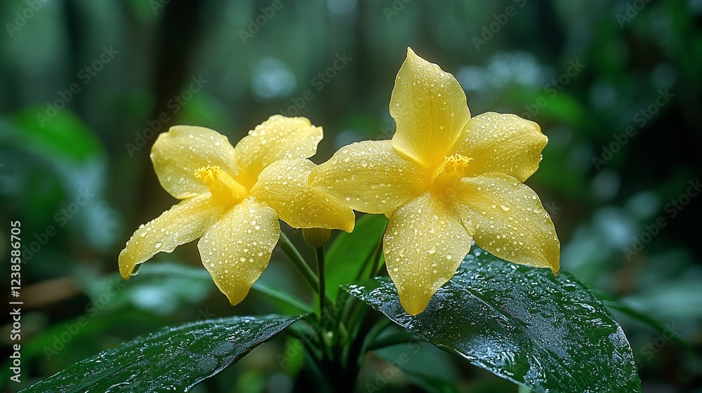Fototapeta premium Two yellow flowers with water droplets on petals and leaves in a forest.