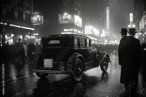 Elegant men wearing coats and hats standing near vintage car on times square at night