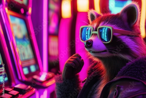 Raccoon wearing sunglasses playing slot machine in casino