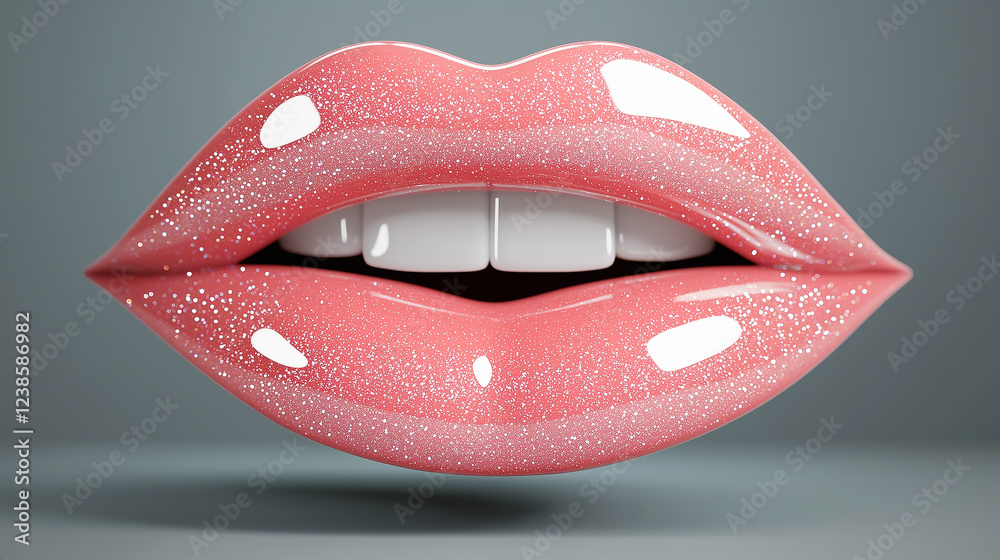 Obraz premium Glossy pink lips with glitter effect – 3d render of sparkling lipstick on smooth, luminous lips with white teeth on a soft gray background.