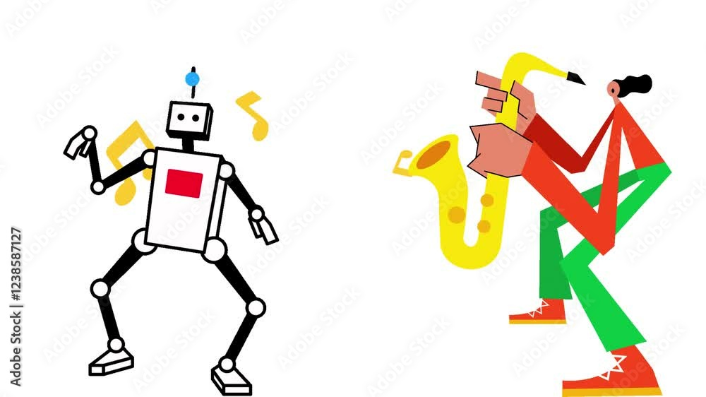 Animated woman playing the flute and robot dancing to the beat Animated woman playing the flute and robot dancing to the beat
