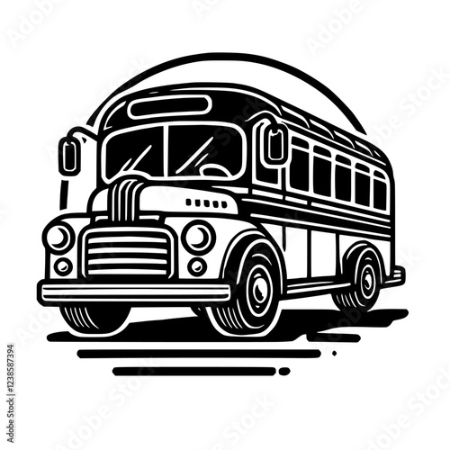 Vintage Bus: A Classic Black and White Illustration. Retro Travel, Transportation Design, School Bus, Journey, Passenger Vehicle, Classic Vehicle, Old School Bus, Black and White Graphic Art