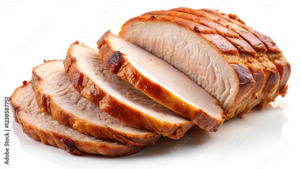 Roast pork loin slices close up, highlighting the tender and juicy texture. Perfect for culinary and food content. Isolated on white background Roast pork loin slices close up, highlighting the tender and juicy texture. Perfect for culinary and food content. Isolated on white background