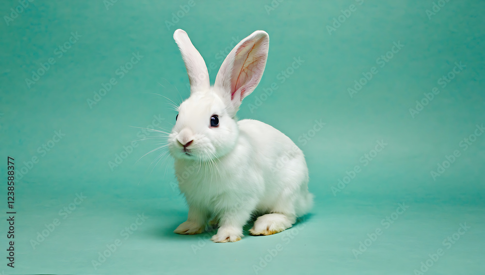 Obraz premium White rabbit on a turquoise background