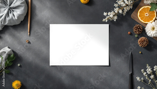 Blank white paper surrounded by autumnal decor photo