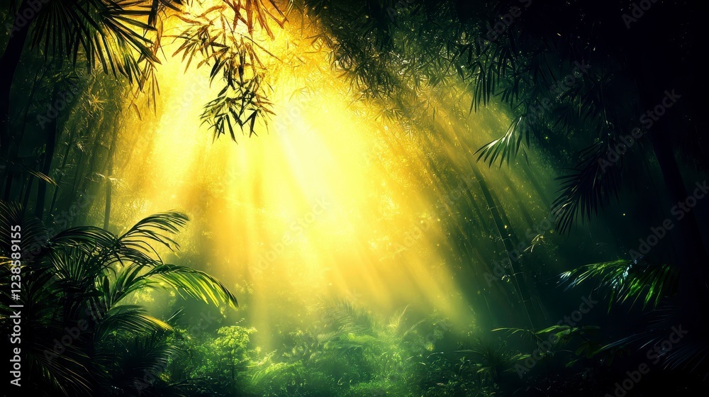Fototapeta premium Golden sunlight beams through lush green tropical forest, illuminating dust motes and creating a magical atmosphere. Dark shadows contrast with