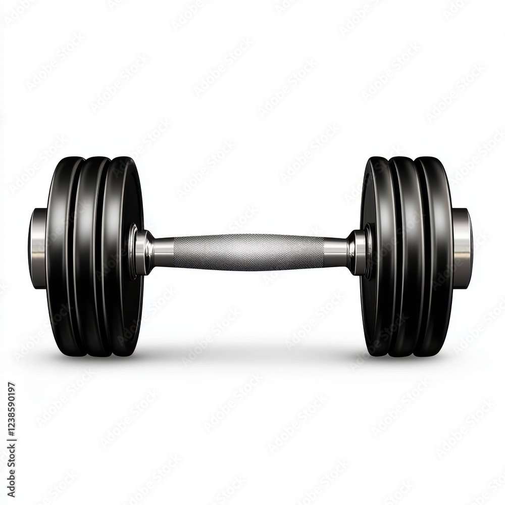 Dumbbell with metallic plates and a black grip, isolated on white background Dumbbell with metallic plates and a black grip, isolated on white background