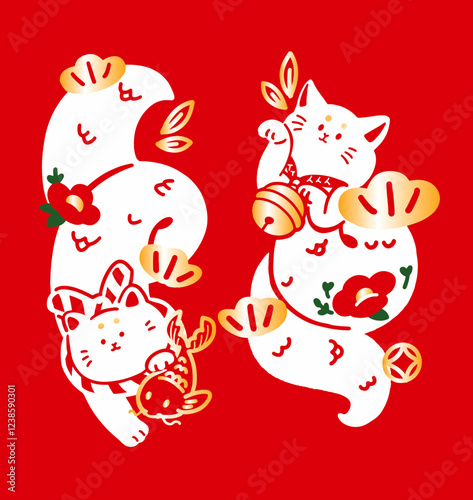 東方 日本 新年 貓  柴犬 蛇 2025 紅 金 白 插畫 可愛 向量 