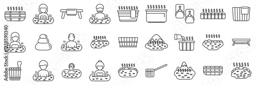 Japanese onsen icons set. Set of simple black and white icons representing hot springs, onsen and spa treatments, showing people bathing and relaxing
