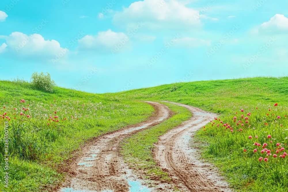 Warm Ramadan day highlighting muddy paths surrounded by blooming flowers under a clear blue sky Warm Ramadan day highlighting muddy paths surrounded by blooming flowers under a clear blue sky