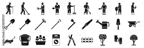 Lawn worker icons set. Farmers working in the garden with professional tools are planting and seeding