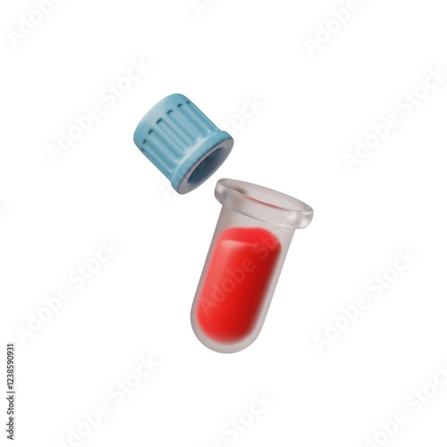 Blood tube with open lid 3D plastic vector icon, medical diagnostic healthcare or donation concept, blood plasma sample