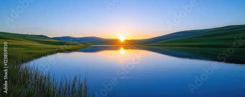 Lake reflections nature concept. Tranquil sunset over a serene lake surrounded by rolling green hills.