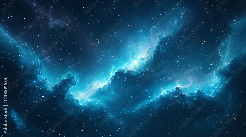 Fototapeta premium Glowing nebula cosmic dust swirls brilliantly dark blue space. AI Generated