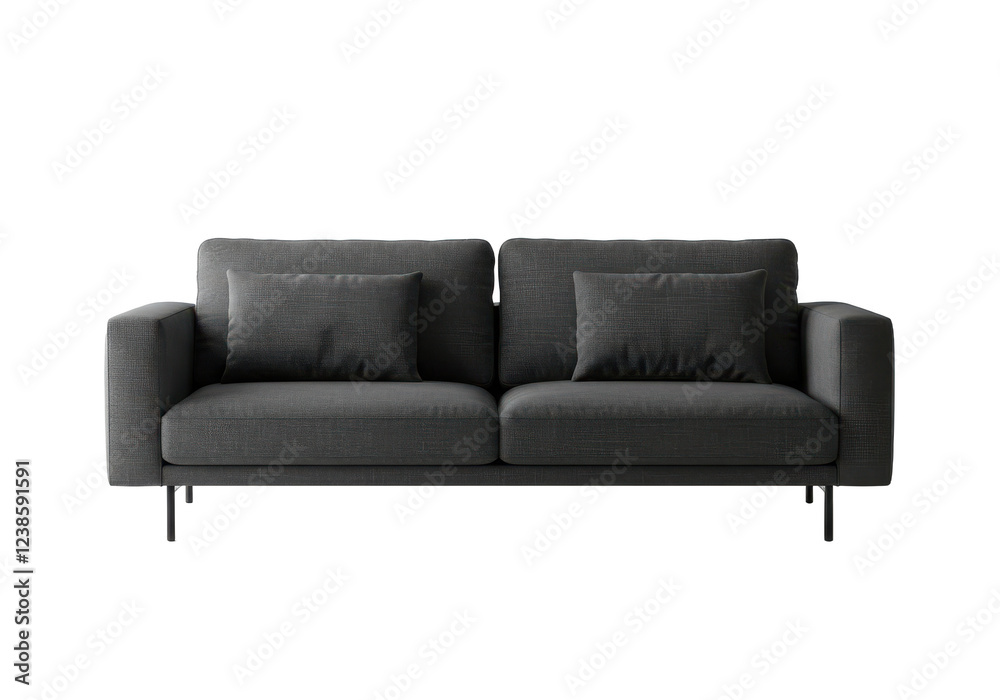 Minimalist dark gray fabric sofa with two large cushions and square armrests, isolated on white background Minimalist dark gray fabric sofa with two large cushions and square armrests, isolated on white background
