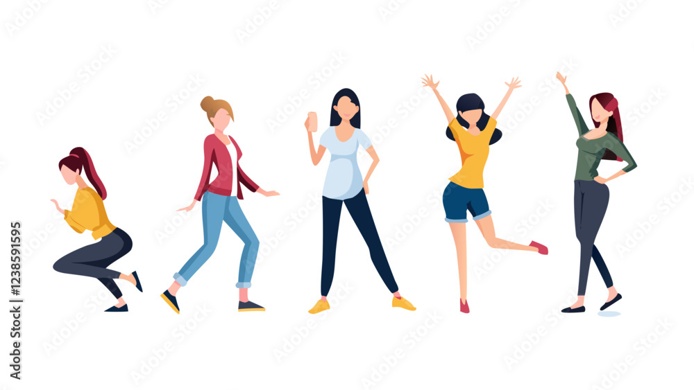 set of young woman character, postures and poses illustration collection set, group of people set of young woman character, postures and poses illustration collection set, group of people